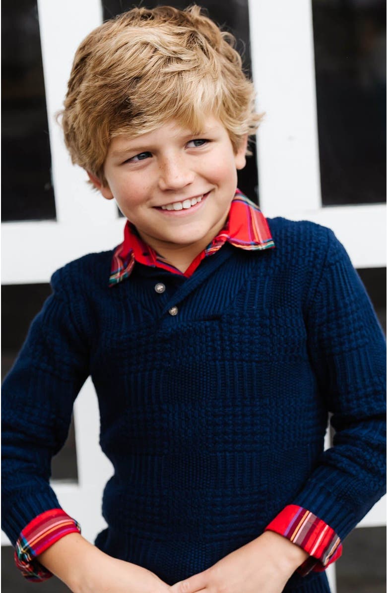 Hope & Henry Boys' Organic Textured Shawl Collar Sweater, Kids, Alternate, color, Navy Glen Plaid Texture