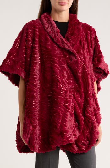 Nanette Lepore Sequin Wave Texture Faux Fur Ruana In Burgundy