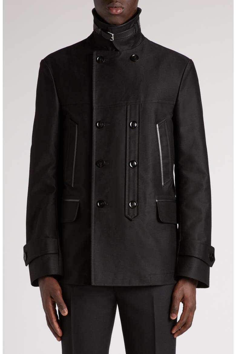 Leather Trimmed Brushed Cotton Satin Peacoat, Alternate, color, BLACK