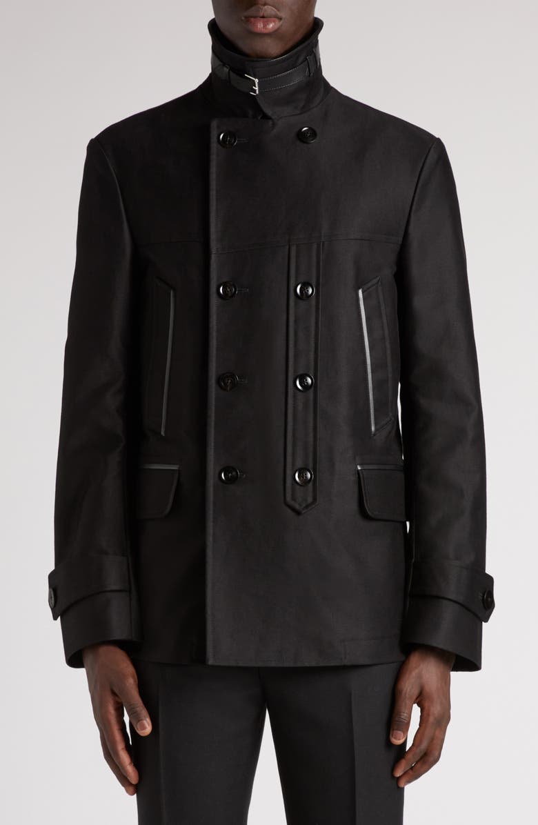 TOM FORD Leather Trimmed Brushed Cotton Satin Peacoat, Alternate, color, Black