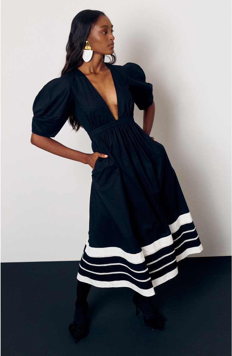 De Loreta Miel Deep V-Neck Cotton Midi Dress, Alternate, color,