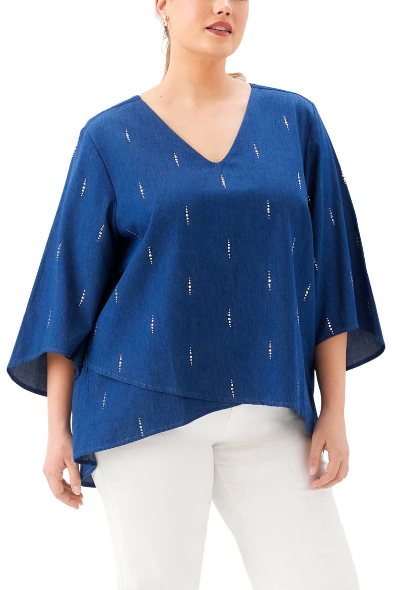 Embellished Asymmetric Hem Chambray Top, Main, color, DENIM