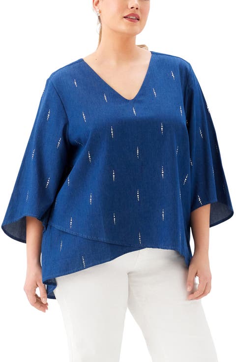 Embellished Asymmetric Hem Chambray Top (Plus)