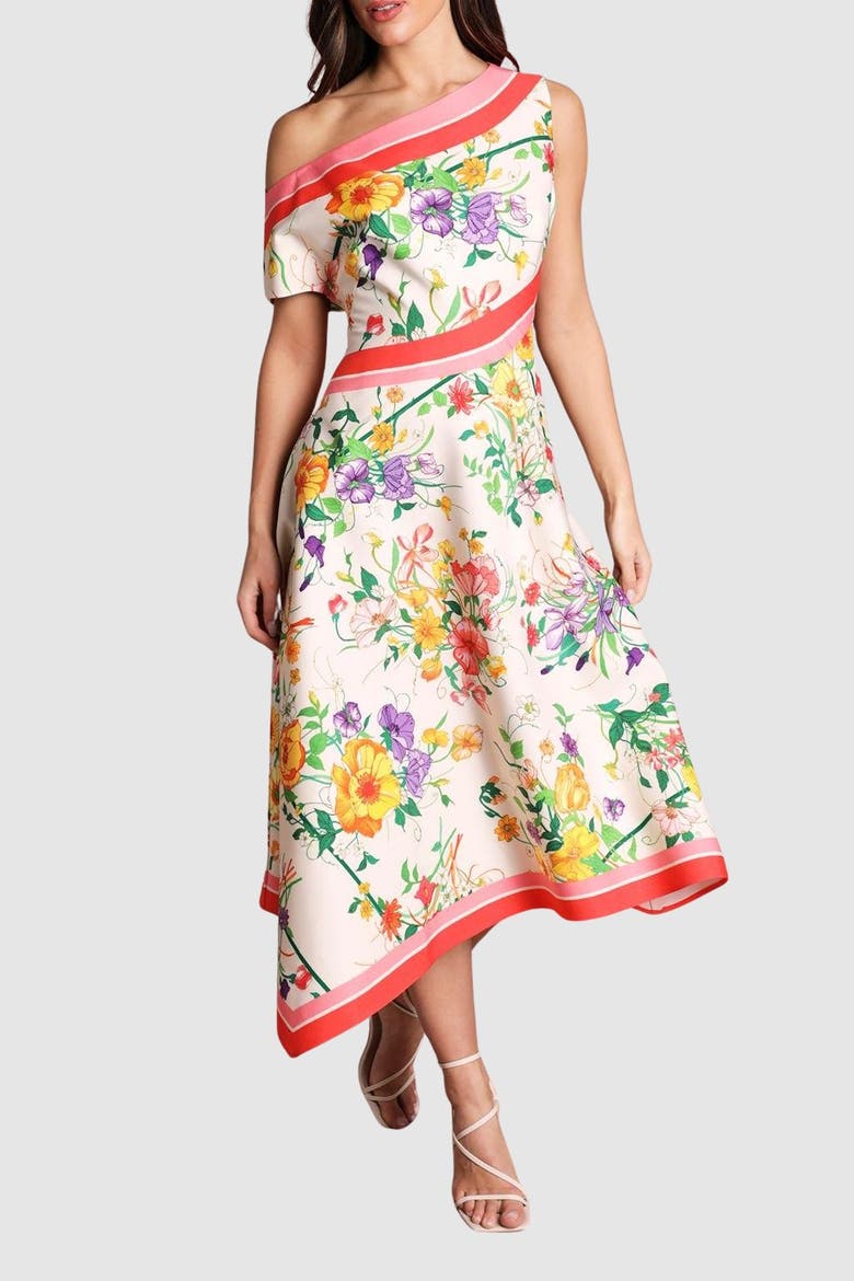 Off Shoulder Satin Midi Dress, Alternate, color, Ivory