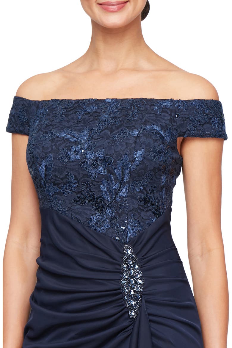 Embroidered Lace Off the Shoulder Gown, Alternate, color, NAVY