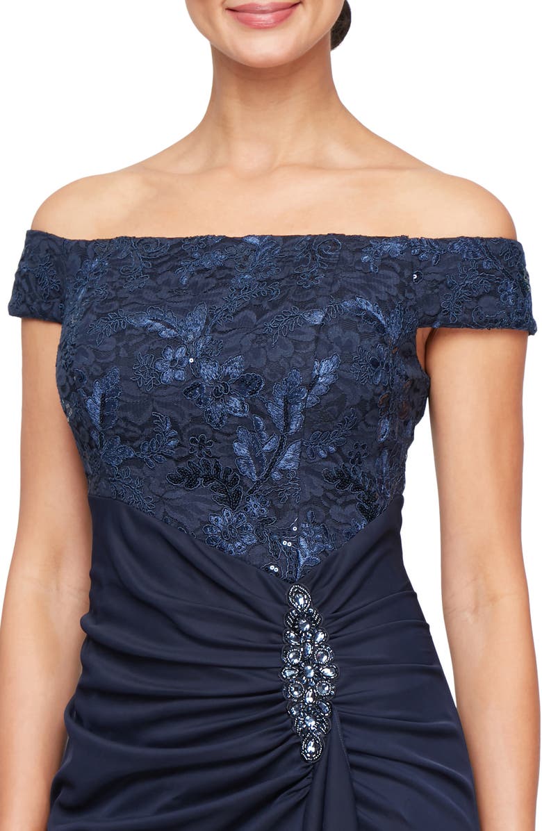 Alex Evenings Embroidered Lace Off the Shoulder Gown, Alternate, color, Navy