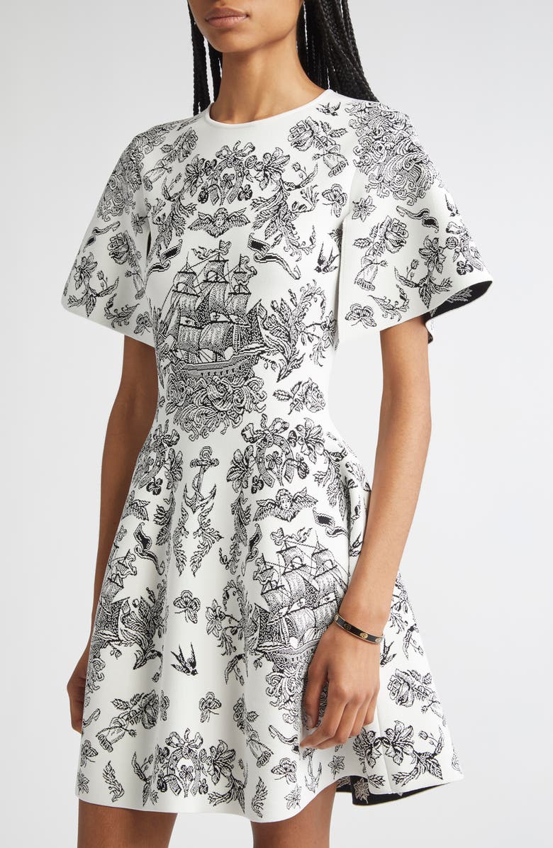 McQueen Sailor Tattoo Jacquard Cape Sleeve Fit & Flare Sweater Dress, Alternate, color, Ivory/ Black