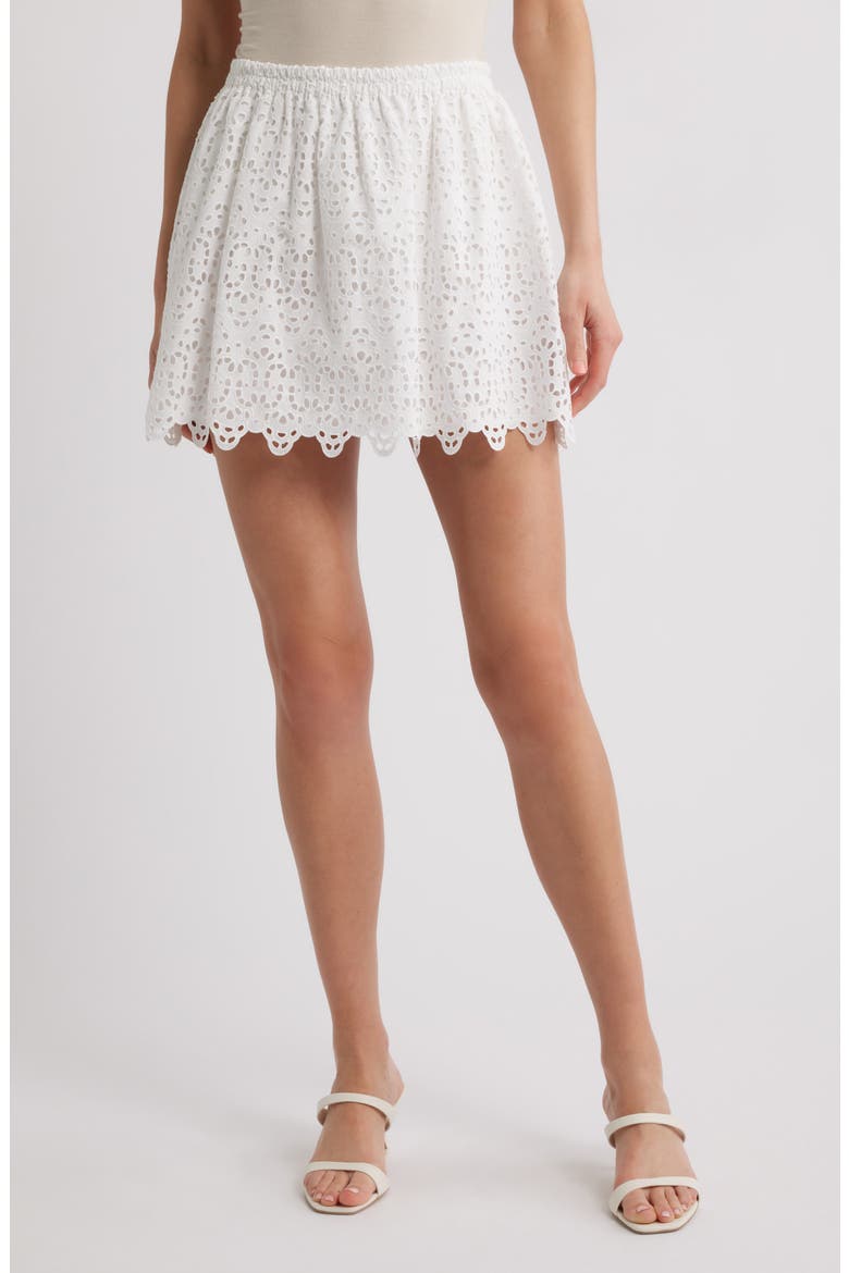 The Deco Embroidered Eyelet Cotton Miniskirt, Main, color, WHITE