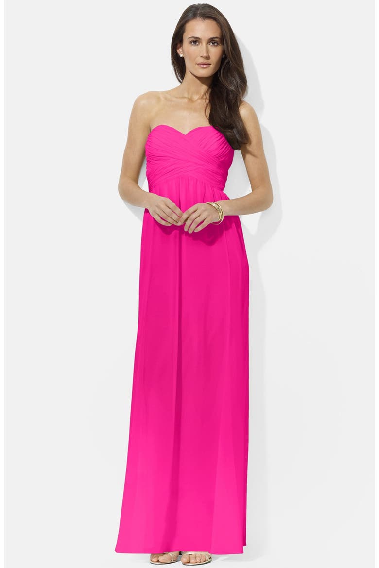 Ruched Strapless Chiffon Gown, Main, color, MASON PINK