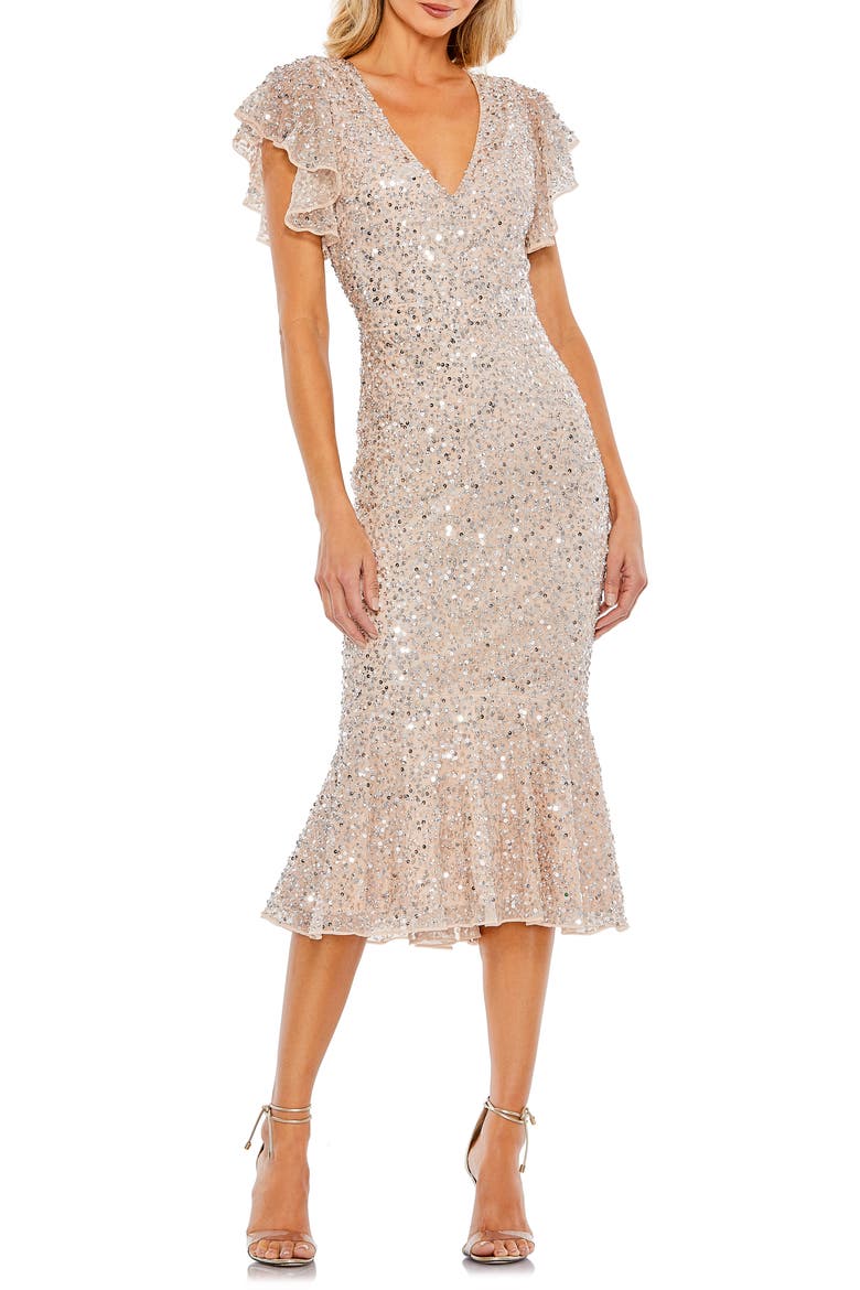 Sequin Ruffle Midi Gown, Main, color, NUDE SILVER