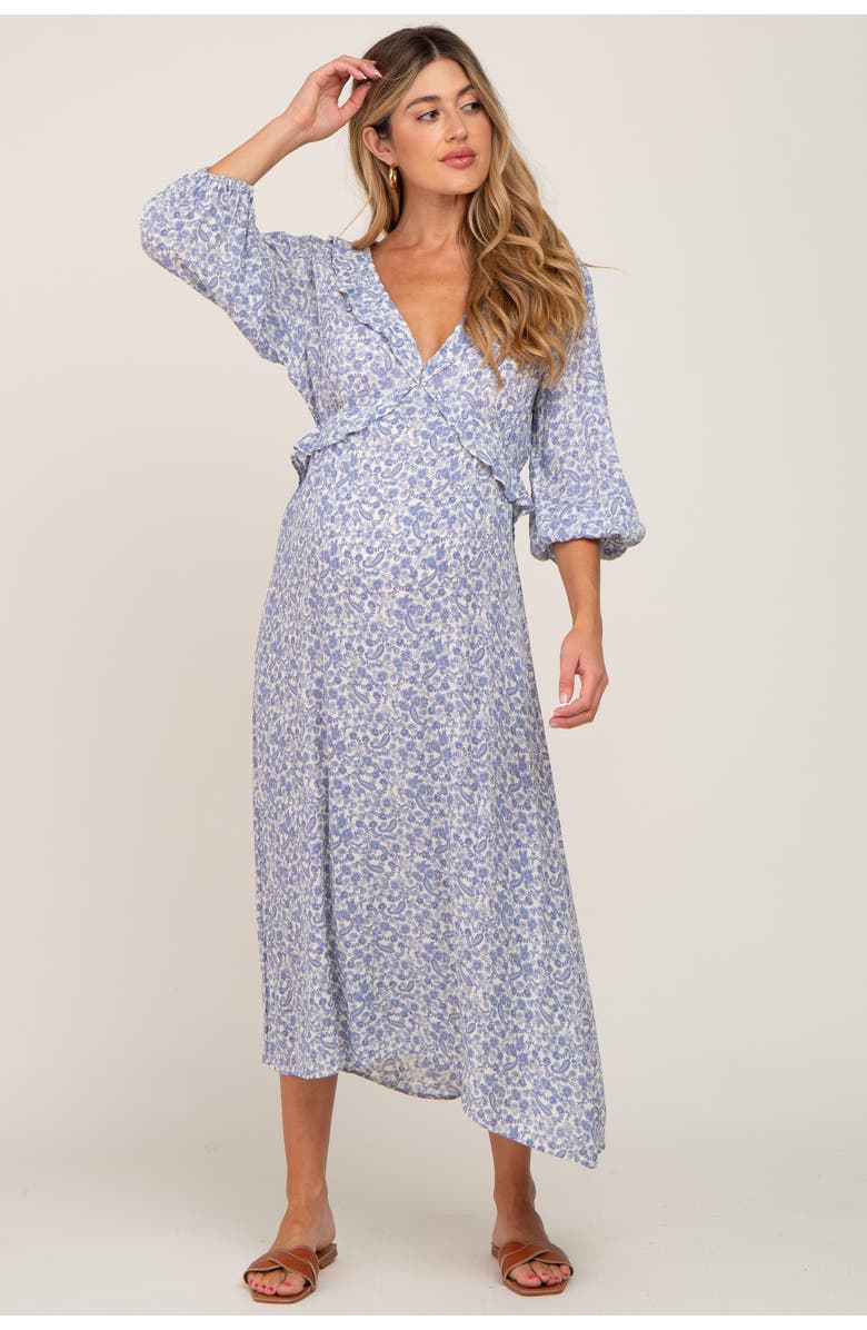 PinkBlush Floral Ruffle V-Neck Midi Dress, Main, color, Blue