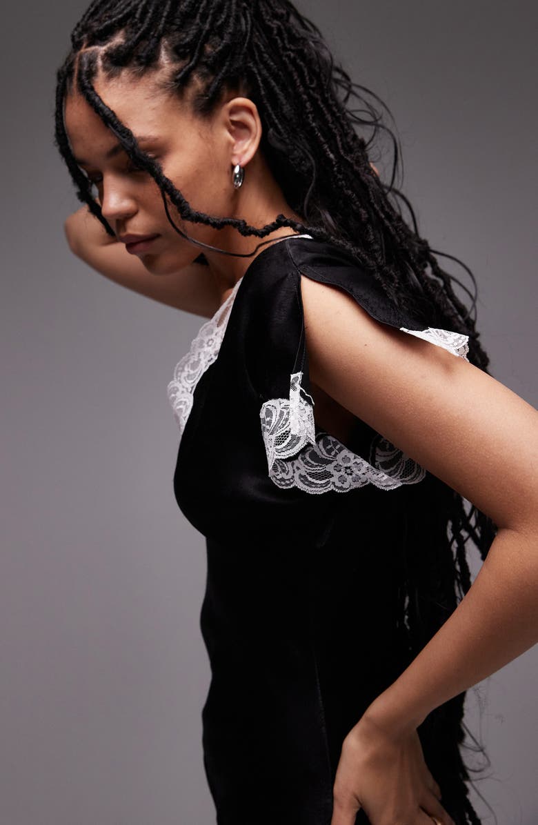 Topshop Lace Trim Satin Minidress, Alternate, color, Black Multi