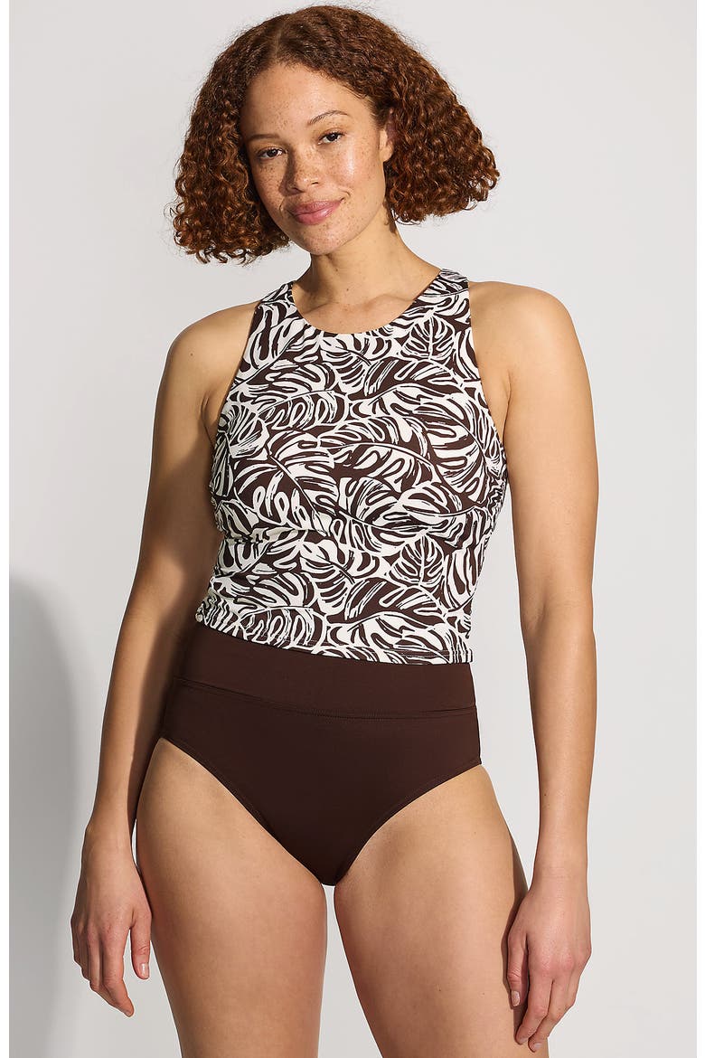 Chlorine Resistant High Neck Racerback Midkini Swimsuit Top, Main, color, Brown Mini Tropic Leaves