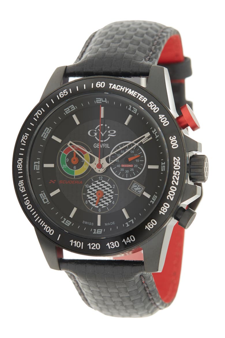 Men's GV2 Scuderia White Dial Black Leather Chronograph Date Watch, 45mm, Main, color, BLACK/BLACK/BLACK