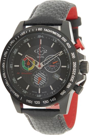 Men's GV2 Scuderia White Dial Black Leather Chronograph Date Watch, 45mm