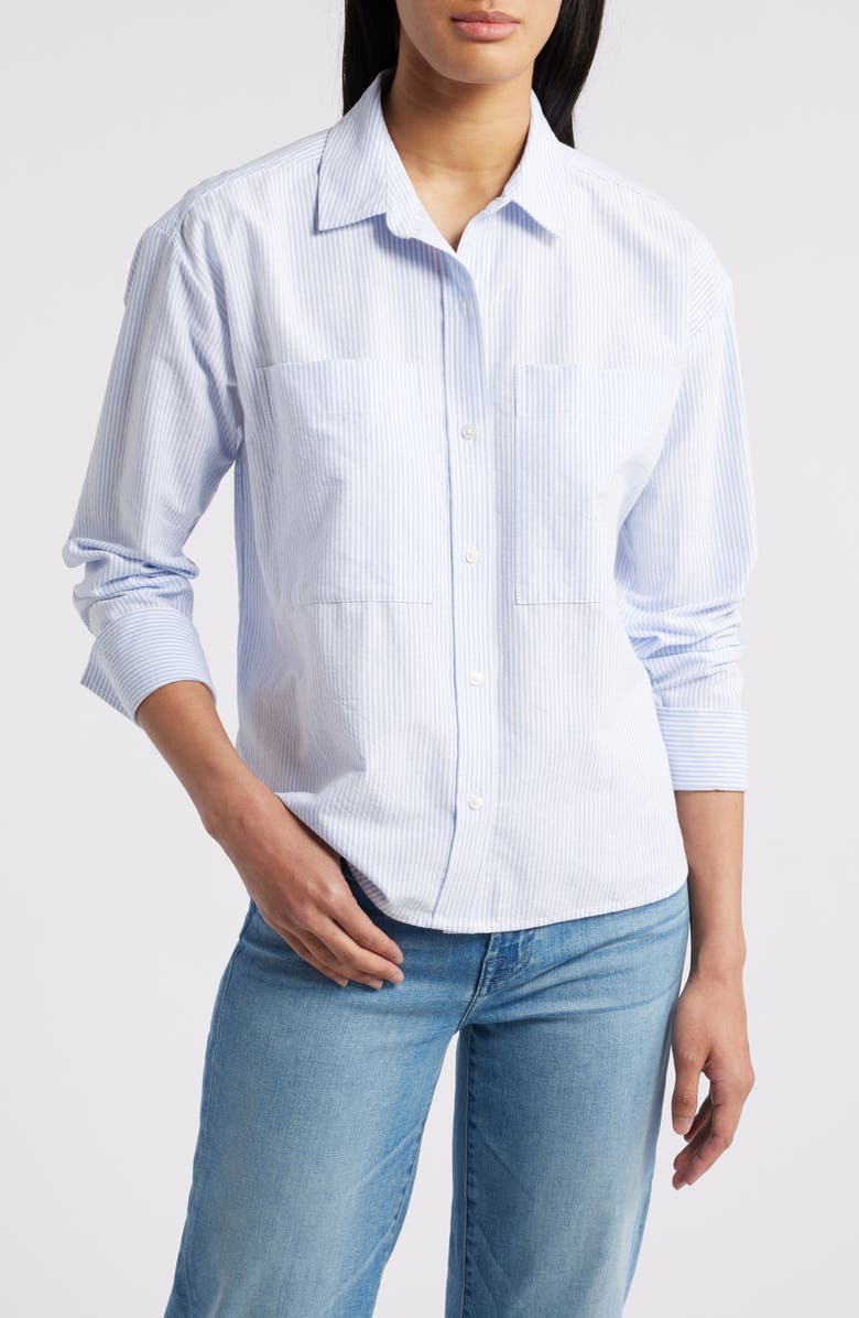 beachlunchlounge Everly Stripe Cotton Button-Up Shirt, Main, color, Studio Blue