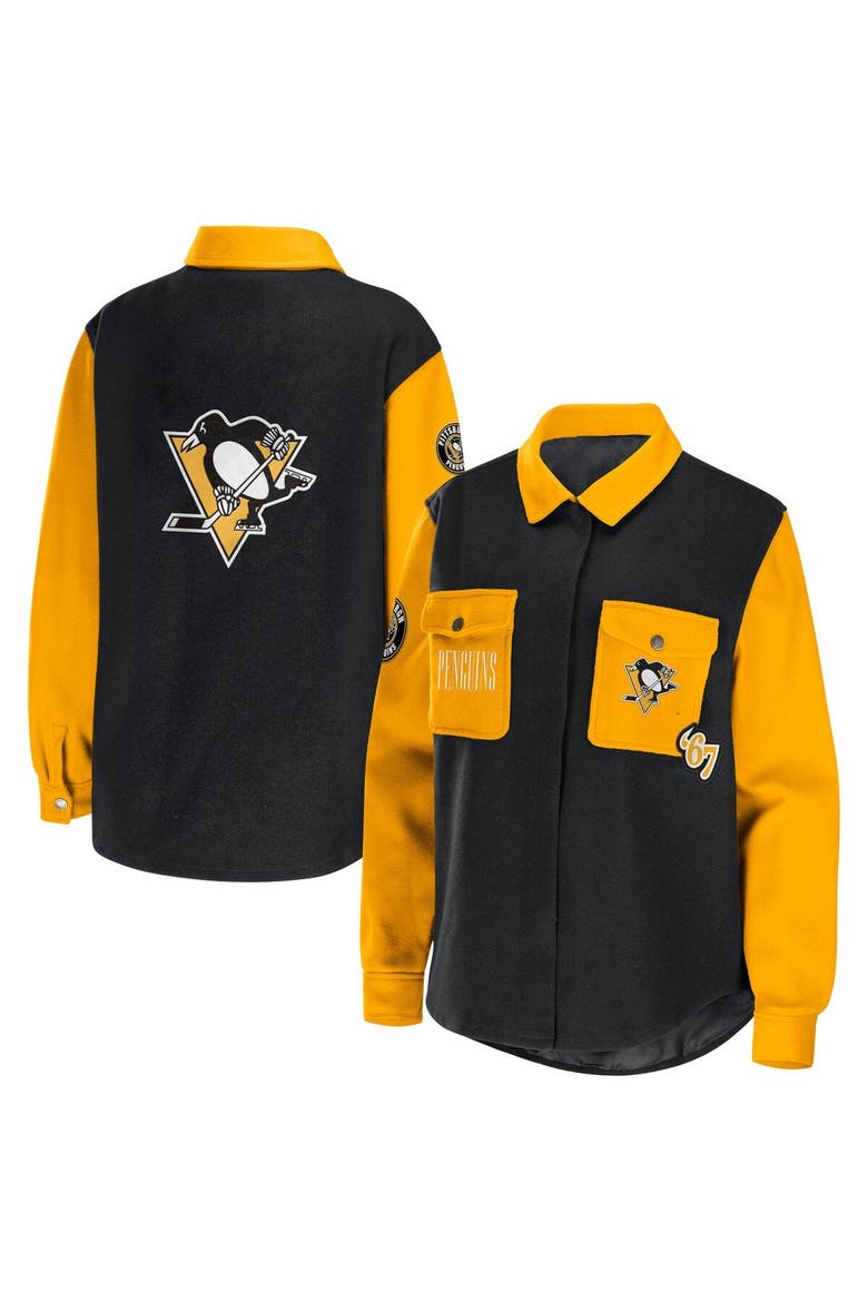 Women's WEAR by Erin Andrews Black/Gold Pittsburgh Penguins Colorblock Button-Up Shirt Jacket, Main, color, Black