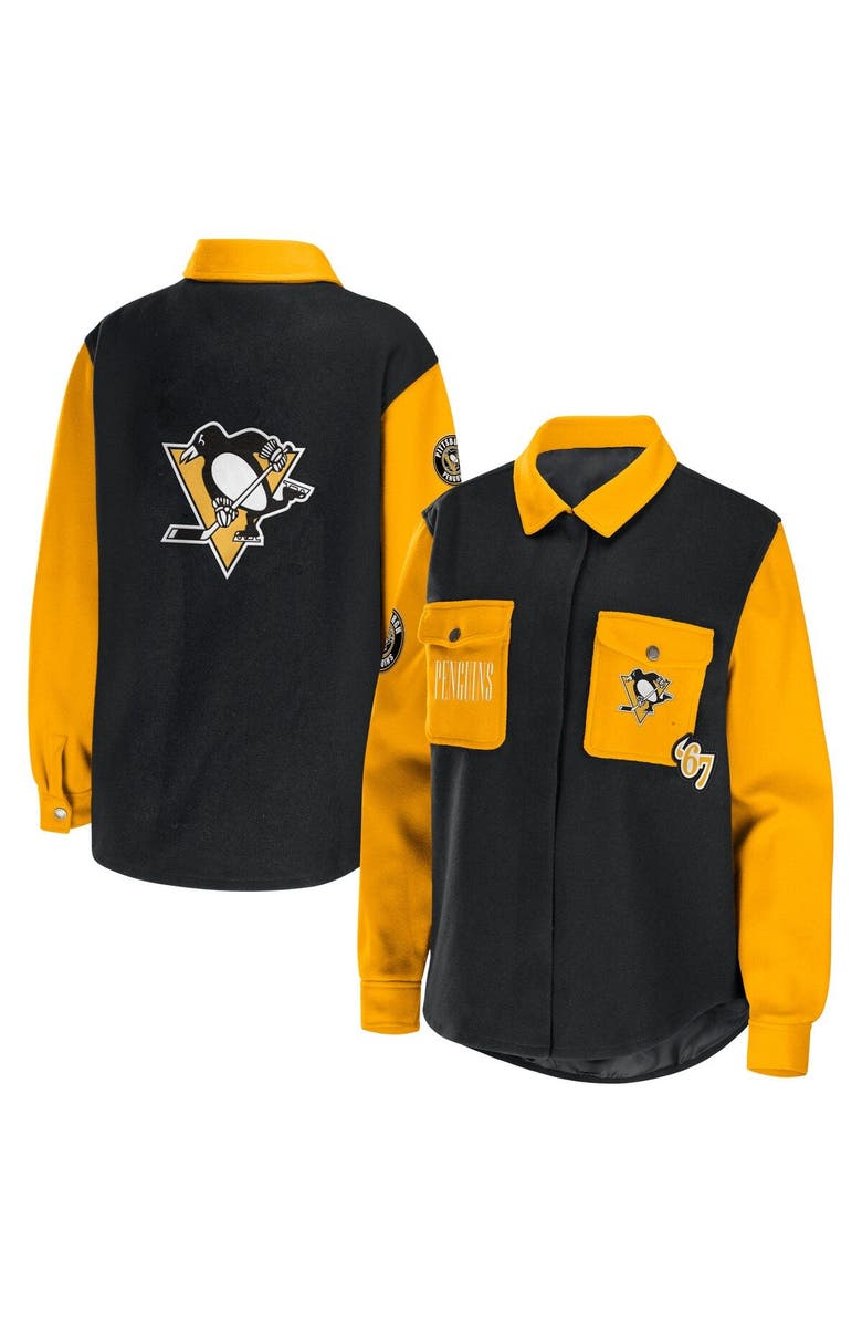 WEAR by Erin Andrews Women's WEAR by Erin Andrews Black/Gold Pittsburgh Penguins Colorblock Button-Up Shirt Jacket, Main, color, Black