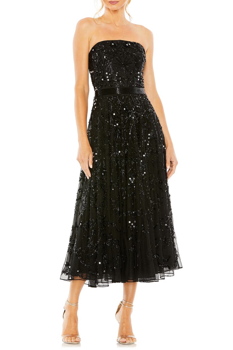 Hand Embellished Strapless A Line Dress, Main, color, BLACK