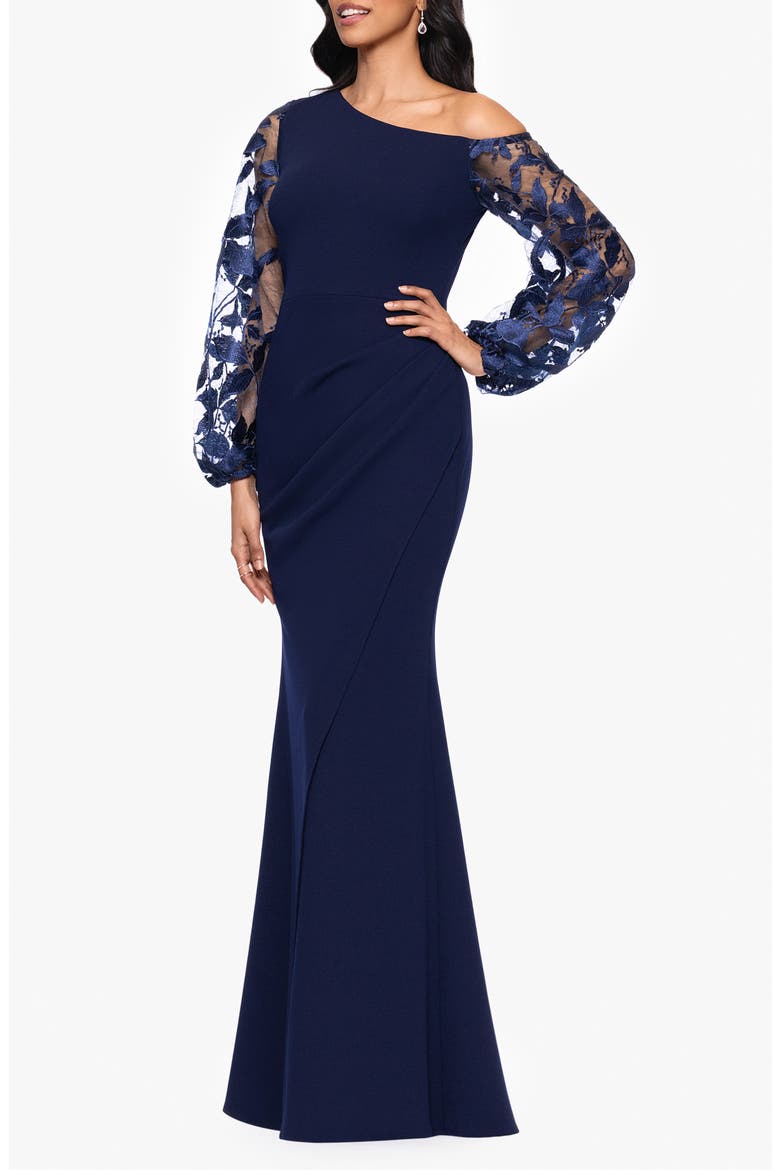 One Shoulder Sheer Embroidered Long Sleeve Sheath Gown, Alternate, color, NAVY