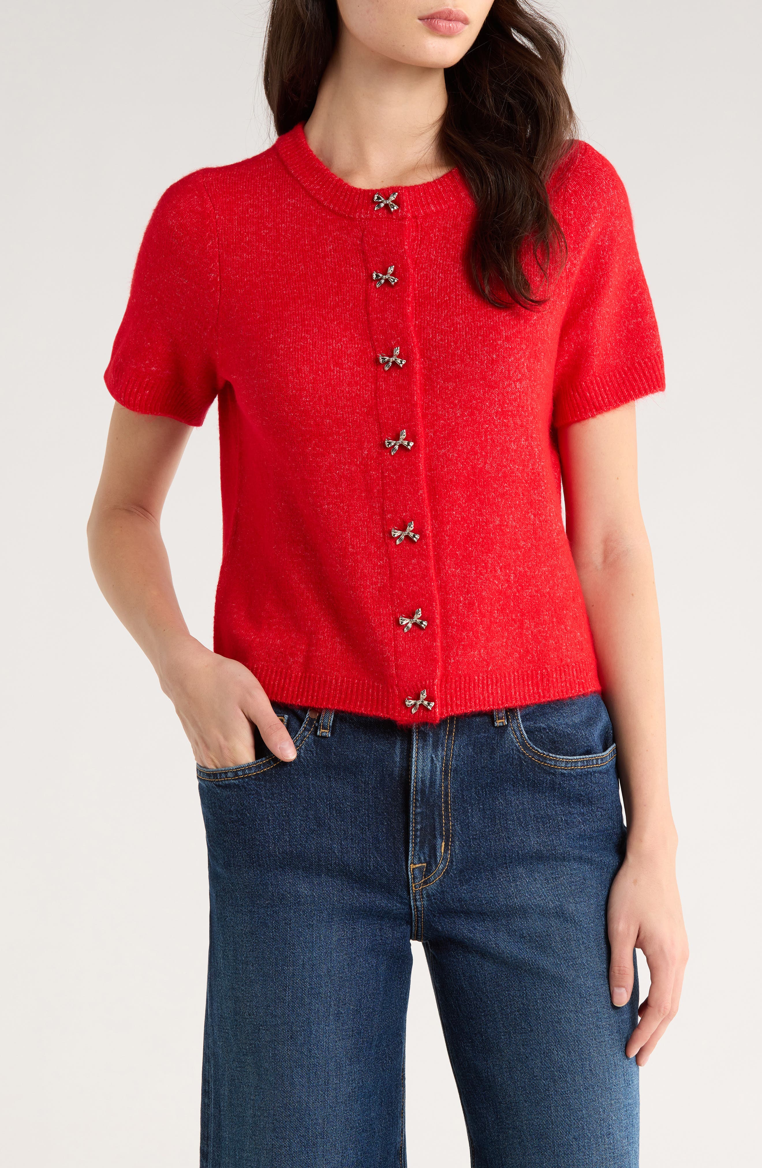 CeCe Short Sleeve Bow Button Cardigan