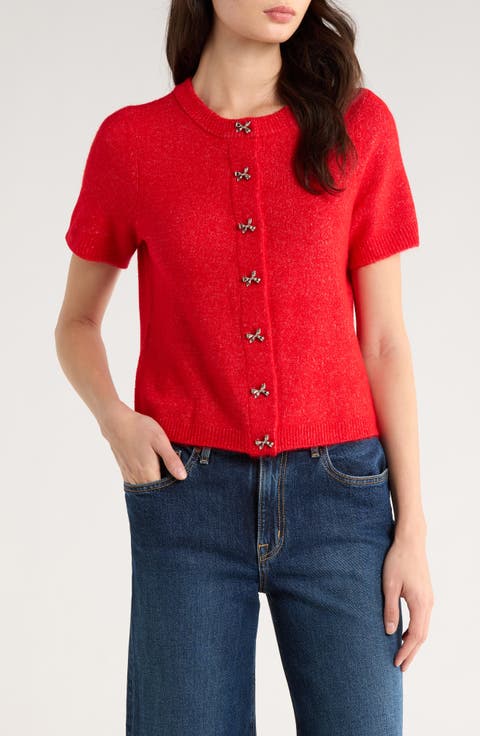 Short Sleeve Bow Button Cardigan