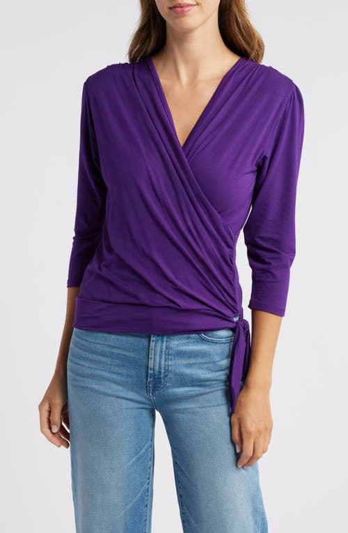 Loveappella Faux Tie Wrap Top in Dark Purple 