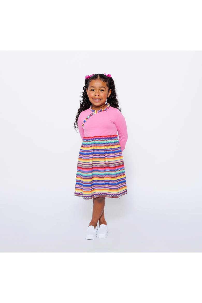 Girls Long Sleeve Ruffle Trim Dress, Main, color, Pink Multicolor Stripe