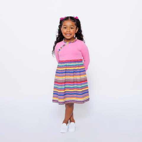 Girls Long Sleeve Ruffle Trim Dress