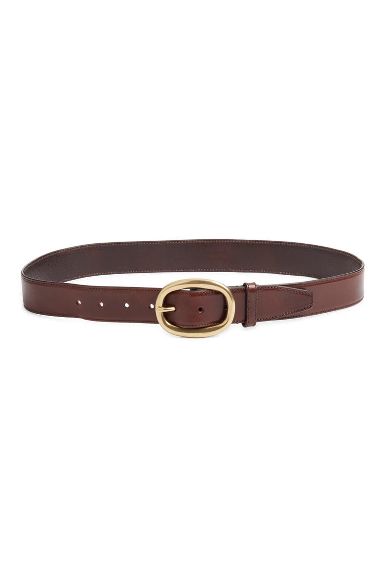 Oval Buckle Leather Belt, Main, color, DARK BROWN