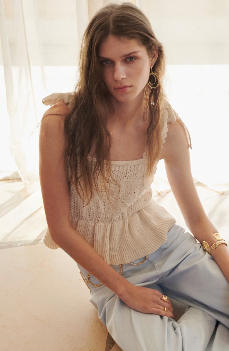 MANGO Amelie Tie Shoulder Crochet Peplum Top, Alternate, color, Ecru