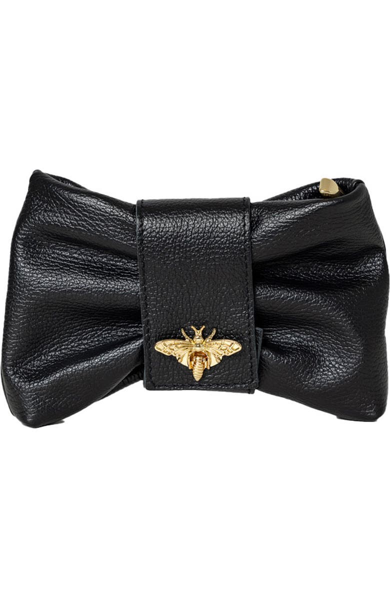 Persaman New York Bee Bow Leather Clutch, Main, color, Black