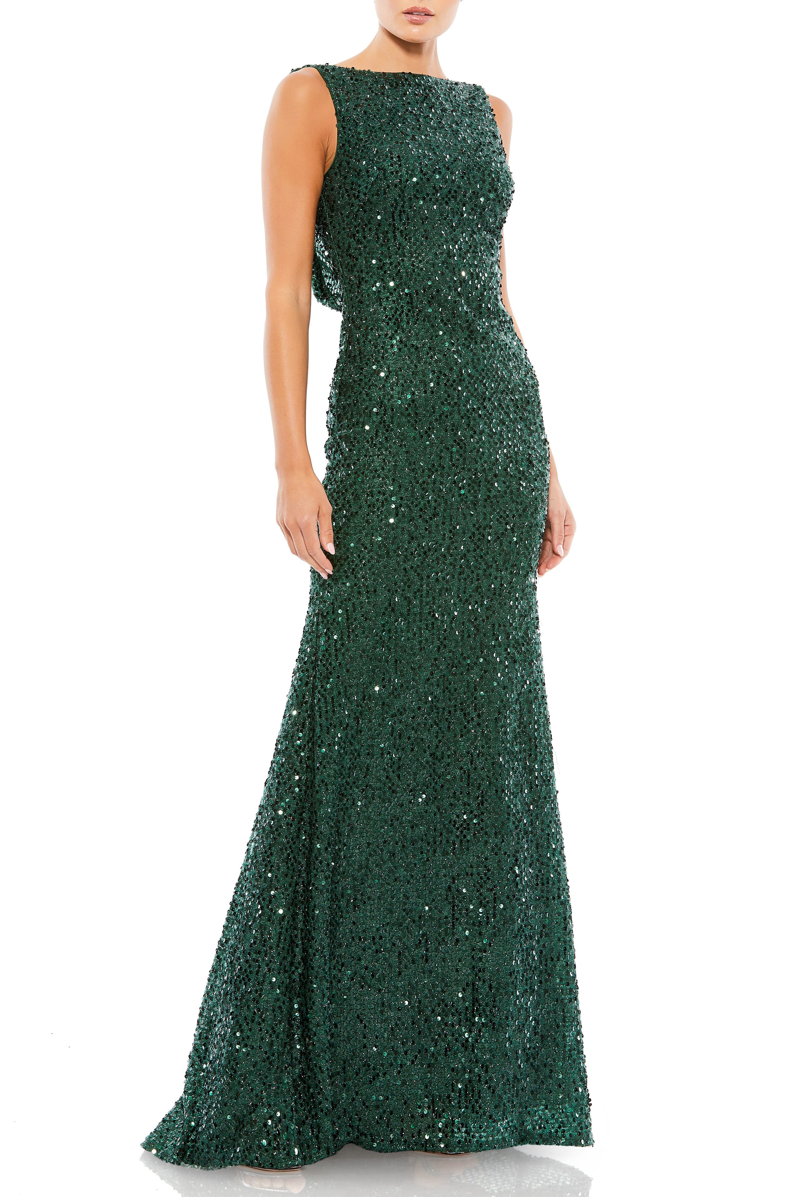 Petite Sequin Sleeveless Evening Gown with Draped Back
