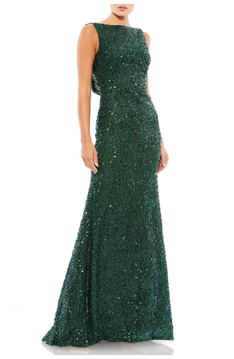 Mac Duggal Petite Sequin Sleeveless Evening Gown with Draped Back, Main, color, Emerald