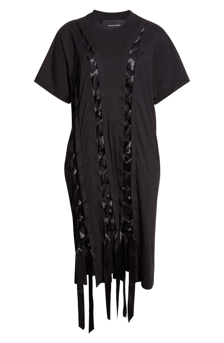 Simone Rocha Unraveling Ribbon Inset T-Shirt Dress, Alternate, color, Black