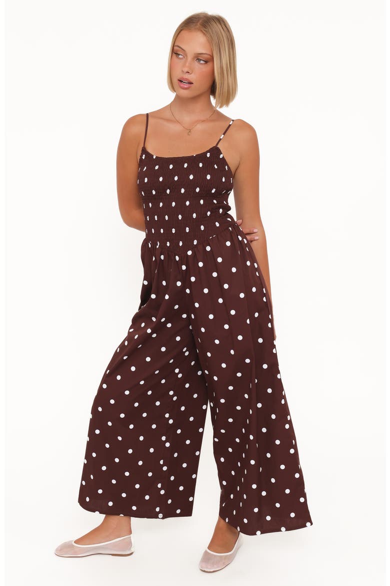 Paloma Polka Dot Smocked Jumpsuit, Alternate, color, CHOCOLATE POLKA DOT