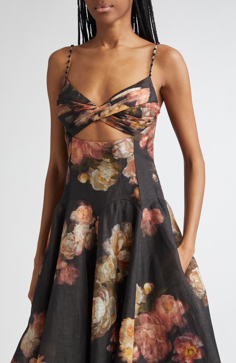 Zimmermann Hypnotic Floral Twist Front Cutout Organza Midi Dress, Alternate, color, Russet Floral