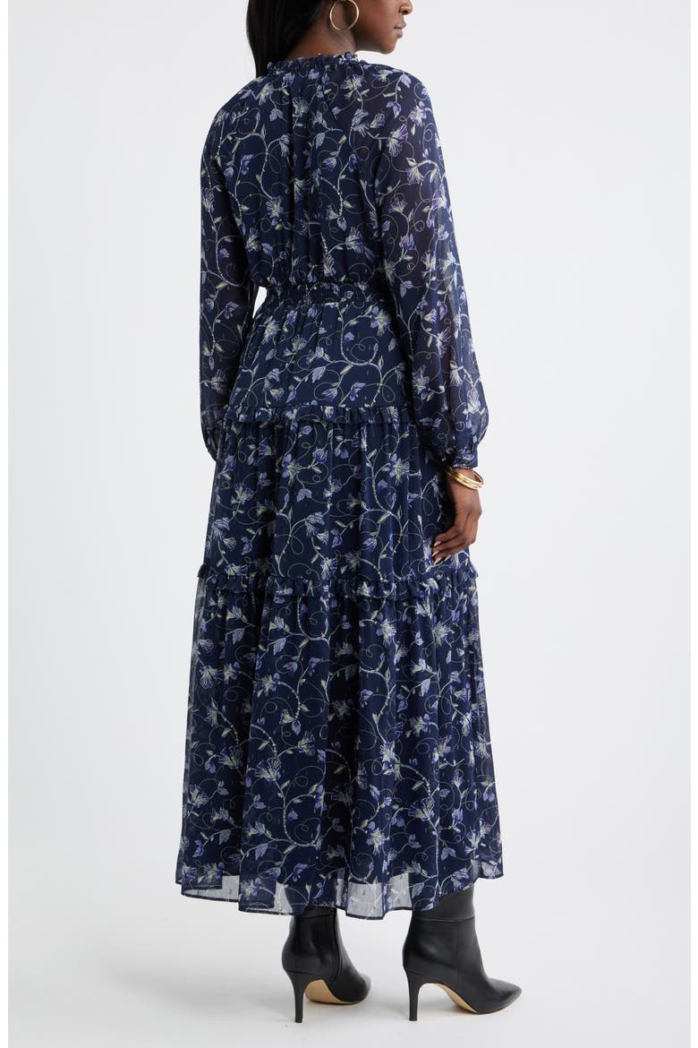 Floral Metallic Clip Dot Ruffle Tiered Midi Dress, Alternate, color, NAVY- BLUE MOLLY BOHO