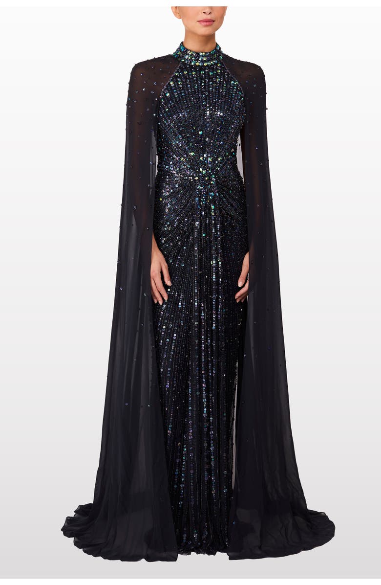 Jenny Packham Thea Embellished Cape Maxi Dress, Alternate, color, Ink