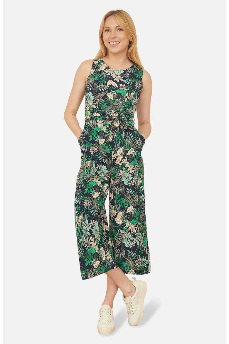 Sleeveless Leaf Print Culotte Jumpsuit, Main, color, Navy