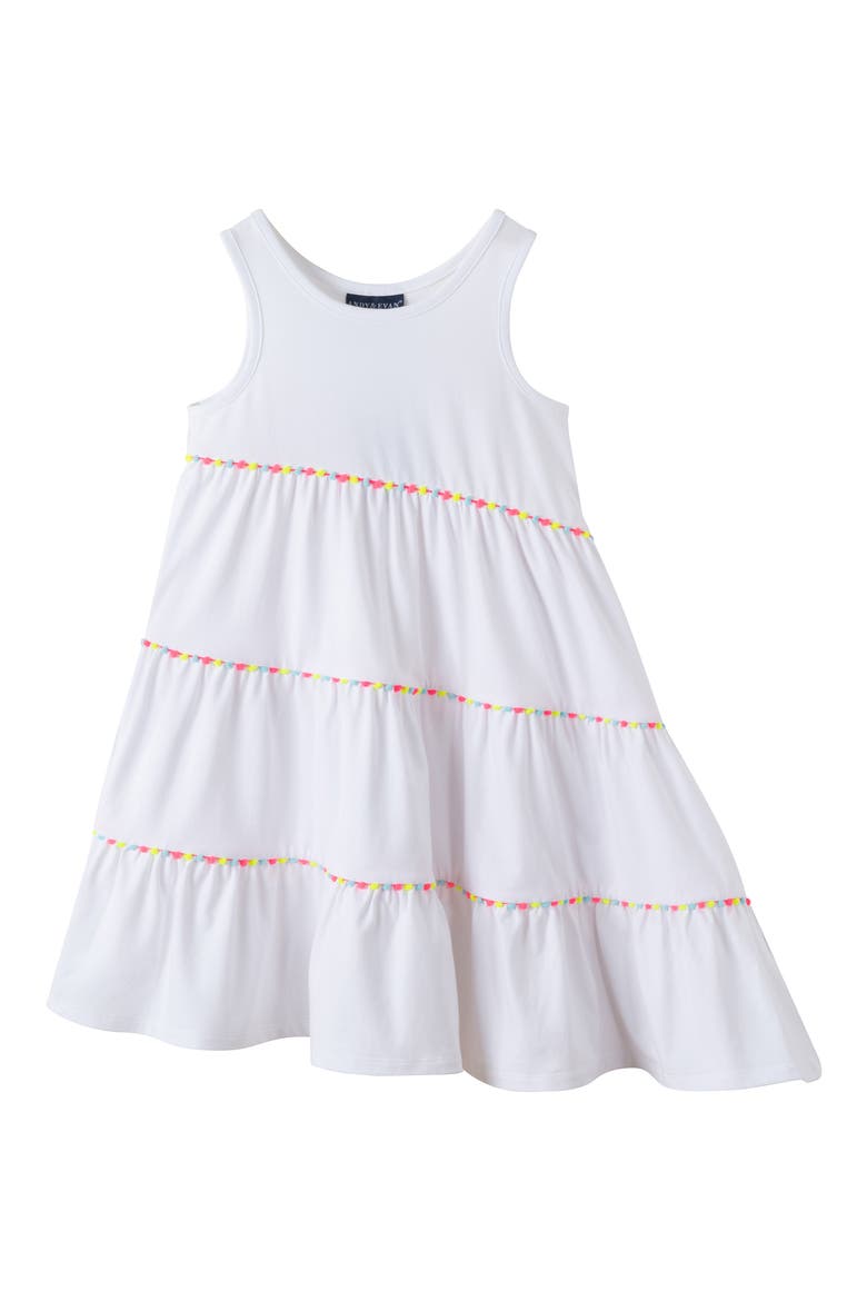 Kids' Pompom Trim Asymmetric Dress, Main, color, WHITE POM POM