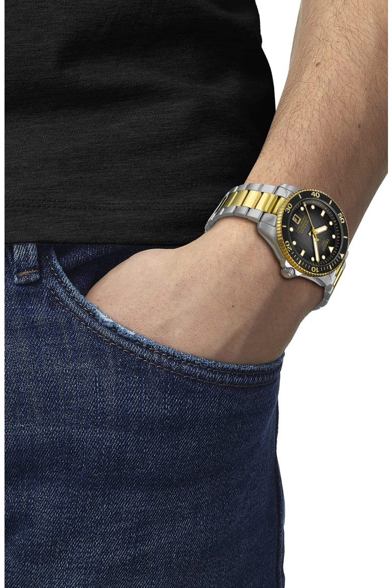 Tisso Seastar 1000 Powermatic 80 Bracelet Watch, 40mm, Alternate, color, BLACK/ YELLOW GOLD/ SILVER