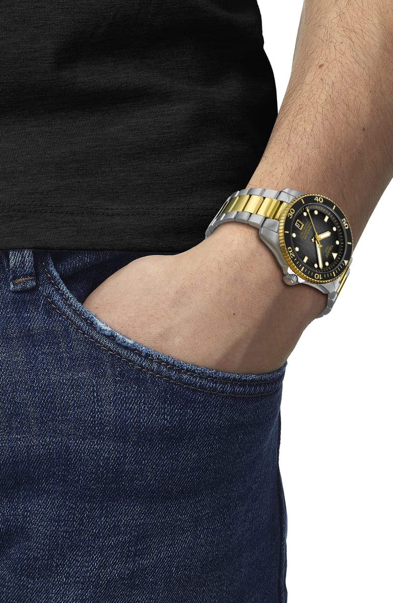 Tissot Tisso Seastar 1000 Powermatic 80 Bracelet Watch, 40mm, Alternate, color, Black/ Yellow Gold/ Silver