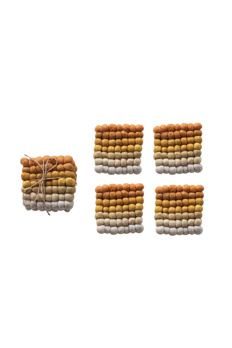 Handmade Wool Felt Ball Coasters, Yellow, Orange and Cream, Set of 4, Main, color, Yellow