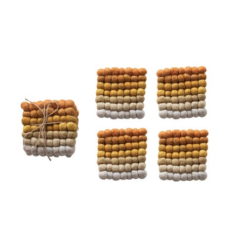 Handmade Wool Felt Ball Coasters, Yellow, Orange and Cream, Set of 4