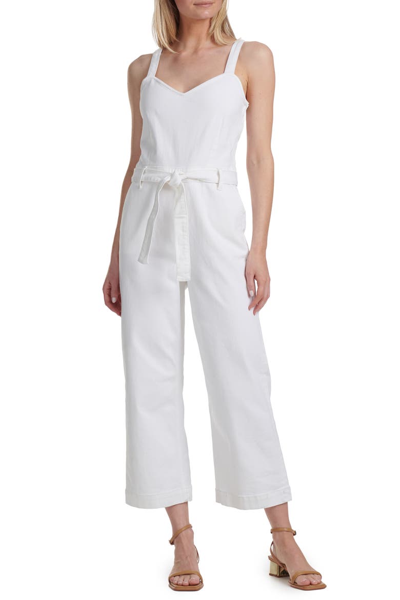 Tie Front Sleeveless Crop Wide Leg Denim Jumpsuit, Main, color, ECRU