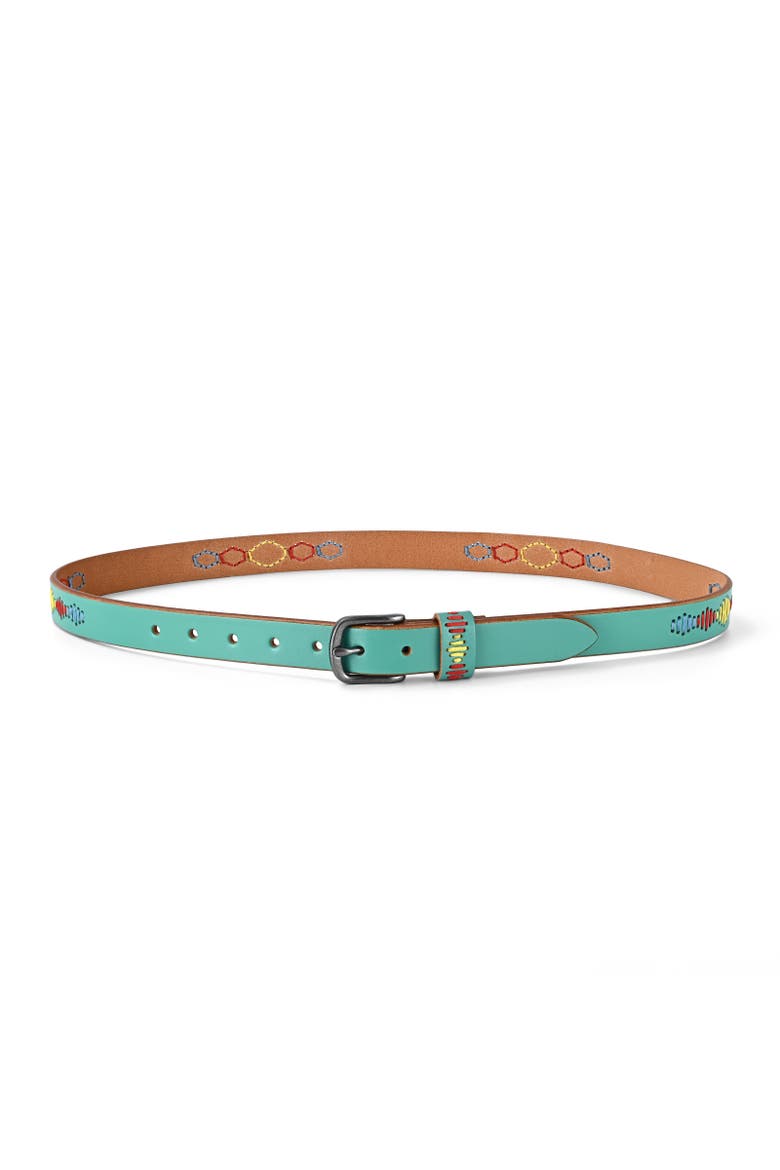 Boho Genuine Leather Stitched Perforated Detail Belt, Alternate, color, Aqua