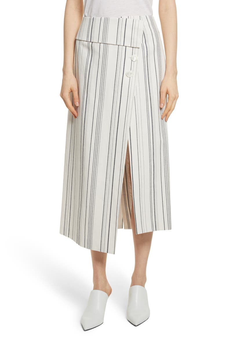 Asymmetrical Wrap Front Stripe Midi Skirt, Main, color, WHITE STRIPE