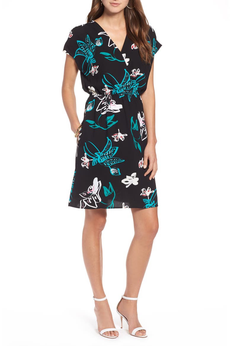 WRAP FRONT DRESS, Main, color, BLACK- GREEN GRAFFITI FLORAL