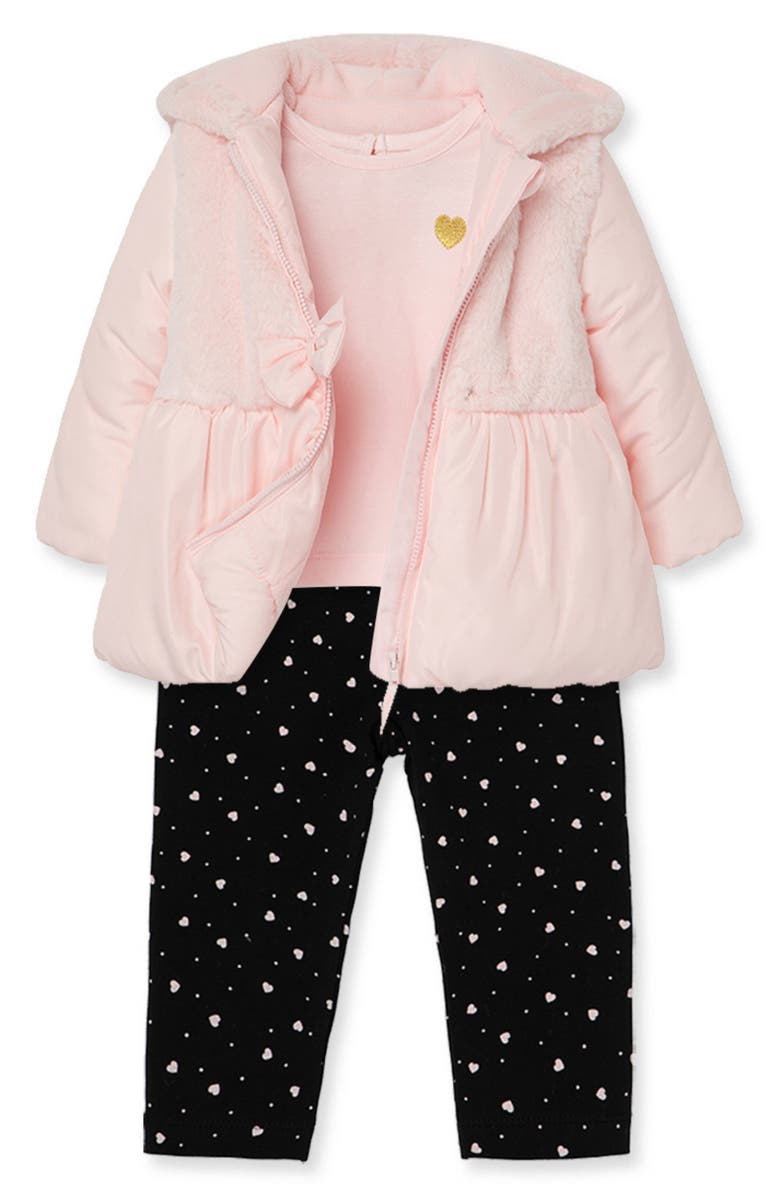 Little Me Faux Fur Jacket, Shirt & Leggings Set, Alternate, color,